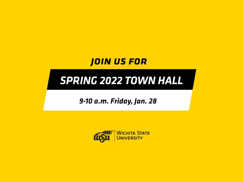 Image with yellow background and text 'Join us for Spring 2022 Town Hall, 9-10 a.m. Friday, Jan. 28' and WSU logo.
