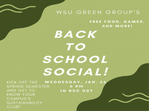 WSU Green Group will be meeting today at 4 pm in the RSC. The meeting will be an unstructured social with free snacks and drinks. Stop by and learn more about student sustainability efforts on our campus. We will be located in Room 007.