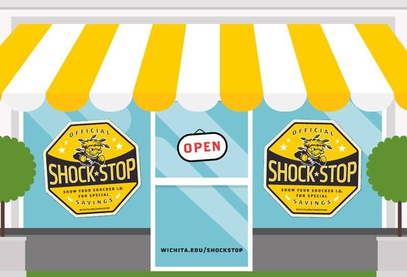 Image of illustrated store front featuring two green trees and two windows featuring Shock Stop logo.
