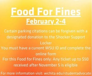 Food For Fines poster with details on how to pay off unpaid parking citations since the month of November