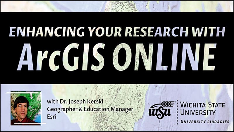 Green and purple map background featuring picture of Dr. Joseph Kerski,. Enhancing Your Research With ArcGIS with Dr. Joseph Kerski, Geographer & Education Manager at Esri. 12 - 1 p.m., Friday, Feb. 11.