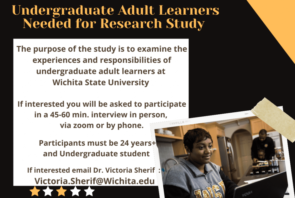 A research study is looking for volunteers who want to share their stories as adult learners here at Wichita State University. We want to learn more about your experiences and responsibilities. If interested, you will be asked to participate in a 45–60-minute individual interview conducted via Zoom, phone, or in-person per your choice. Participants must be 24 years of age or older and pursue an undergraduate degree. As a thank you for your time and insights, you will receive a swag bag from the Office of Adult Learning. Please reach out to Dr. Victoria Sherif via victoria.sherif@wichita.edu to learn more.