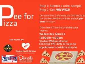 Pee for Pizza. Step 1: Submit a urine sample. Step 2: Get FREE PIZZA! Get tested for Gonorrhea and Chlamydia at the Student Wellness Center and get free pizza in return. Other free STI testing available upon request. Wednesday, March 2. 12:00pm-4:00pm. Student Wellness Center. Call (316)-978-4792 or make an appointment at wichita.edu/shs.