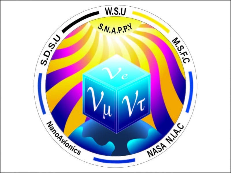 Winning design of the mission patch contest includes the names and acronyms of organizations collaborating on the satellite: Wichita State University, Marshall Space Flight Center, NASA Innovative Advanced Concepts, NanoAvionics, and South Dakota State University. The project is called SNAPPY, short for Solar Neutrino and Particle Physics.