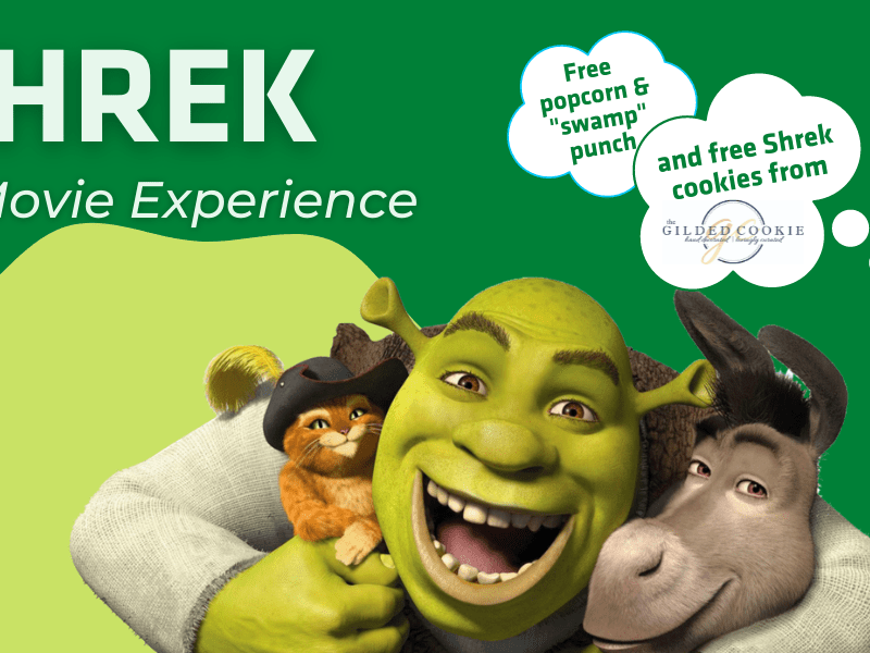 Shrek, Donkey, and Gingey smiling, with advertisement for A Shrek movie night this Saturday, February 5th at 5pm and another showing at 8pm. Free cookies from the guilded cookie, popcorn, and swamp punch. At the CAC Theater.