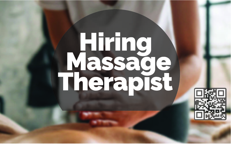 Image of person being massaged with white text 'Hiring Massage Therapist.'