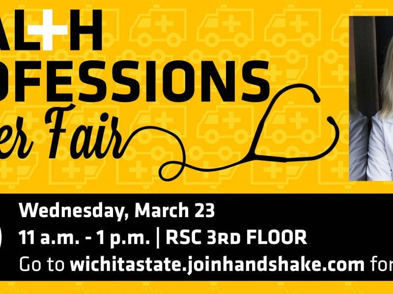 Woman in a lab coat smiling. Text: Health Professions Career Fair, Wednesday, March 23, 11 a.m. - 1 p.m. | RSC 3rd Floor, Go to wichitastate.joinhandshake.com for more info!