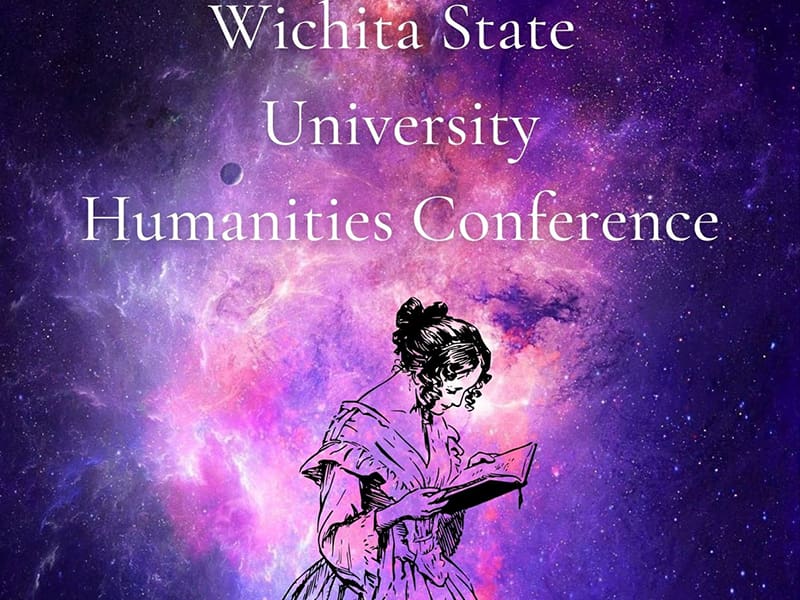 Image of women reading a book with starry background and text 'Wichita State University Humanities Conference.'