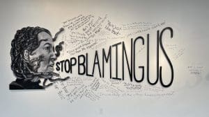 Painting of medusa yelling "Stop Blaming Us"