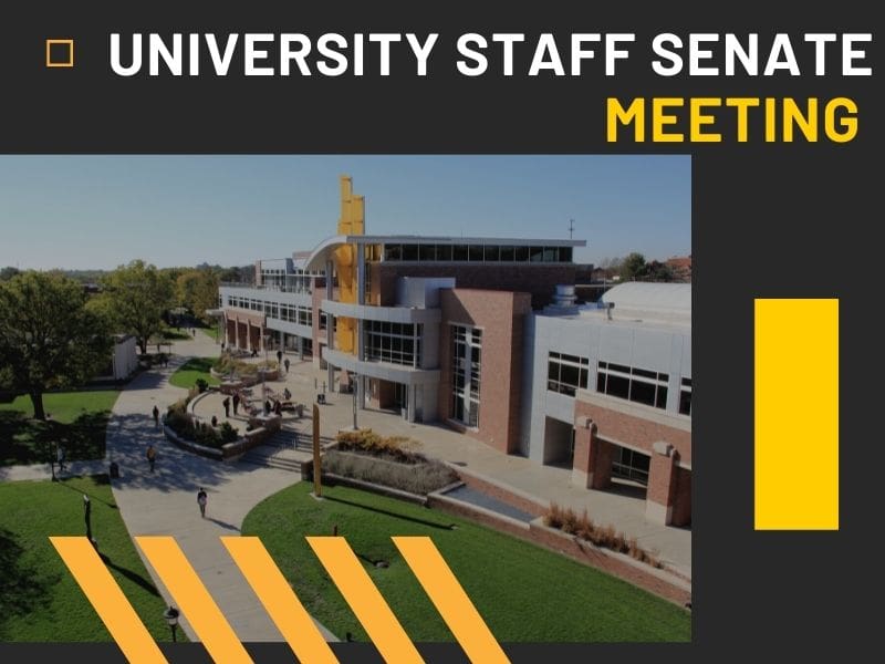 Exterior shot of Rhatigan Student Center with a grey border featuring text University Staff Senate Meeting.