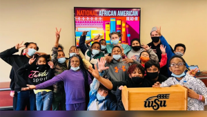 50 fifth-grade students from Gordon Parks Academy visited Wichita State University for a book presentation, lunch and a library tour.