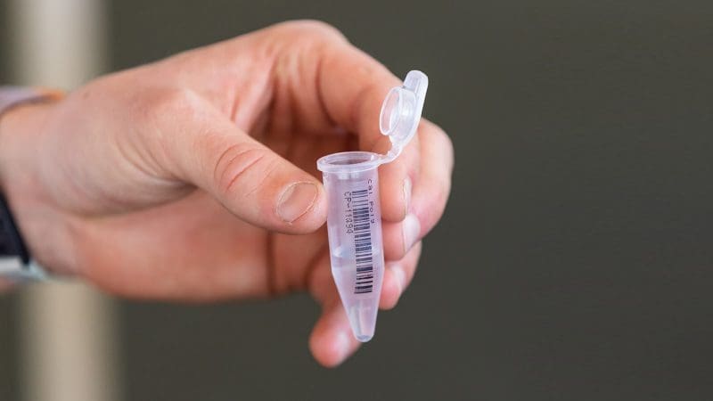 Image of hand holding COVID saliva test sample.