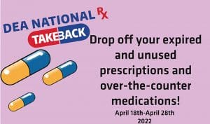 Image with pink background featuring text DEA Nation RX TakeBack In honor of the 2022 National Take Back Day April 30, Student Health Services (SHS) at the YMCA will collect any unused prescription or over-the-counter drugs 8 a.m.-5 p.m. April 18-28.