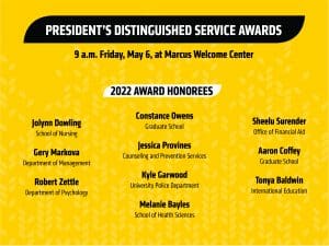 Yellow graphic image with text President’s Distinguished Service Awards 9 a.m. Friday, May 6 at Marcus Welcome Center|2022 Award Honorees Jolynn Dowling, School of Nursing| Gery Markova, Department of Management| Robert Zettle, Department of Psychology| Constance Owens, Graduate School| Jessica Provines, Counseling and Prevention Services | Kyle Garwood, University Police Department | Melanie Bayles, School of Health Science |Sheelu Surender, Office of Financial Aid | Aaron Coffey, Graduate School |Tonya Baldwin, International Education.