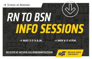 Alt text: School of Nursing RN to BSN Info Sessions May 3 at 9 a.m. May 6 at 4 p.m. Register at wichita.edu/rnbsninfosession