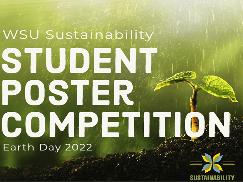 Graphic image featuring plant in rain with text WSU Sustainability Student Poster Competition Ear Day 2022| Sustainability.