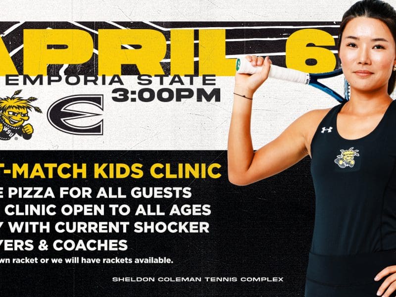 Shocker Women's Tennis hosting post-match Kids' Clinic on Wednesday, April 6. Match versus Emporia State at 3 PM with free Kids' Clinic and pizza party after the match.
