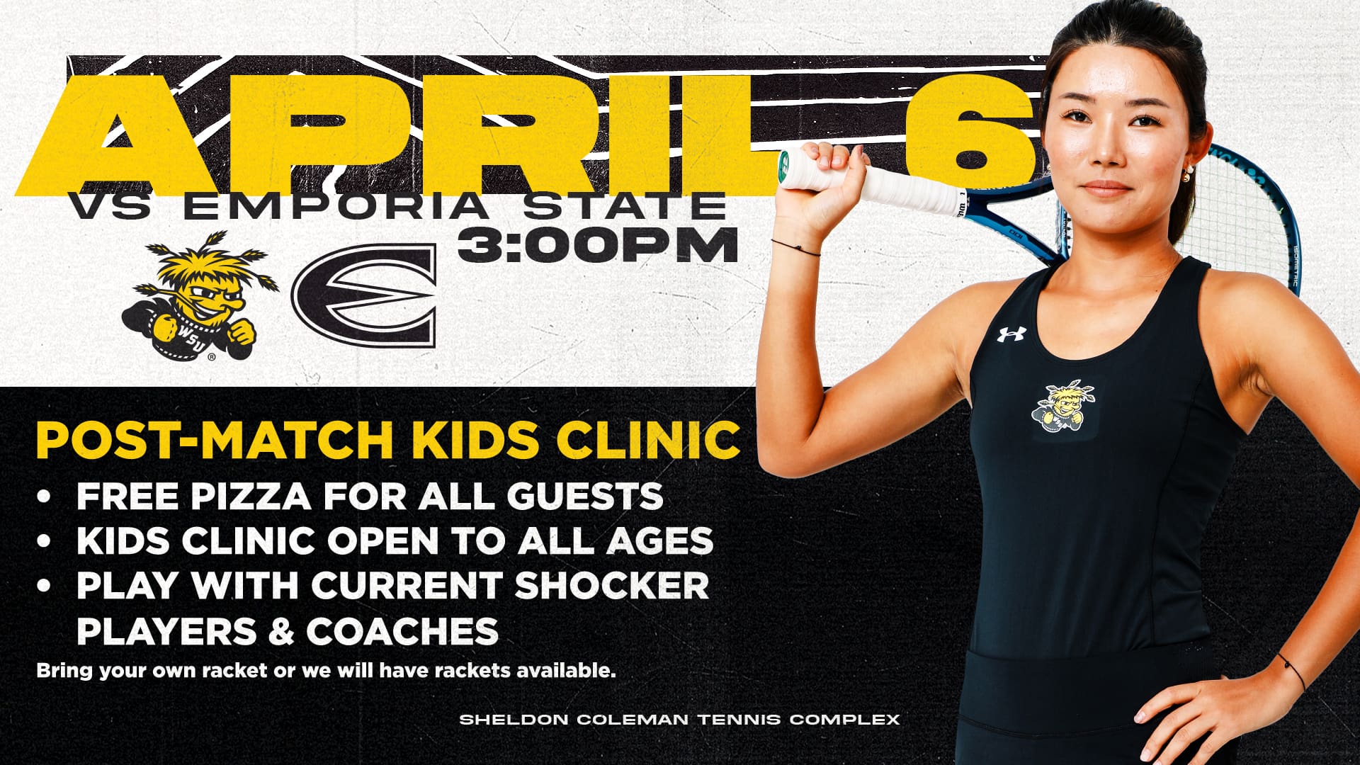 Shocker Women's Tennis hosting post-match Kids' Clinic on Wednesday, April 6. Match versus Emporia State at 3 PM with free Kids' Clinic and pizza party after the match.