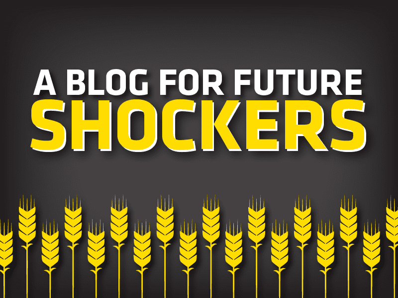 A Blog for Future Shockers logo featuring text floating above yellow shocks of wheat and a black background.