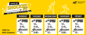 Campus rec Shocker Fit May 16-August 19 at the Heskett Center Monday F45 12 p.m. 5:15 p.m. GLIDEFIT 12 p.m. Tuesday F45 12 p.m. 5:15 p.m. GLIDEFIT 5:30 p.m. Wednesday F45 12 p.m. 5:15 p.m. GLIDEFIT 12 p.m. Thursday F45 12 p.m. 5:15 p.m. GLIDEFIT 5:30 p.m. Friday F45 12 p.m. 5:15 p.m. GLIDEFIT 12 p.m. Free for WSU Students Campus recreation app Shocker fit save your spot in our fitness classes events catch all the upcoming events
