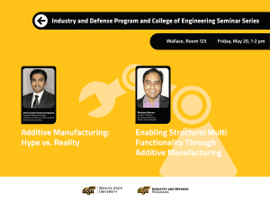 The last IDP-COE joint seminar for this academic year is on additive manufacturing. Additive manufacturing methods are used for a variety of applications, but there are limitations. Please join us on Friday, May 20 from 1-2 pm in Wallace, room 123 to learn about some of the many activities in this area across the College of Engineering and NIAR.