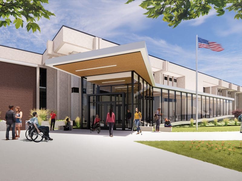 Mock up image of Shocker Success Center with students surrounding building.