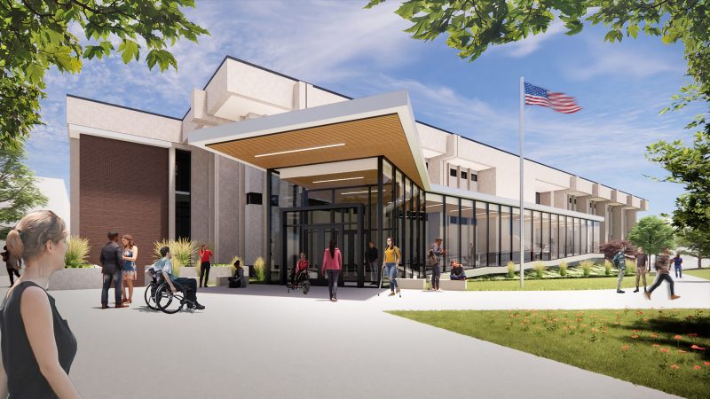 Mock up image of Shocker Success Center with students surrounding building.