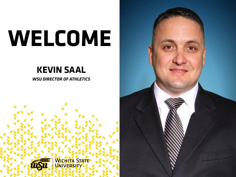 Image of Kevin Saal next to text Welcome Kevin Saal WSU Director of Athletics WSU logo and Wichita State University.