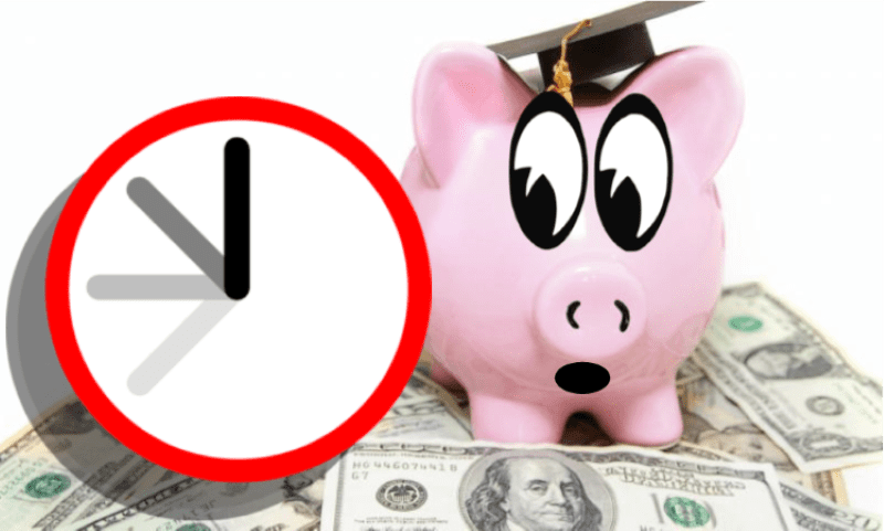 Piggy bank with graduation cap on a pile of money looking at clock