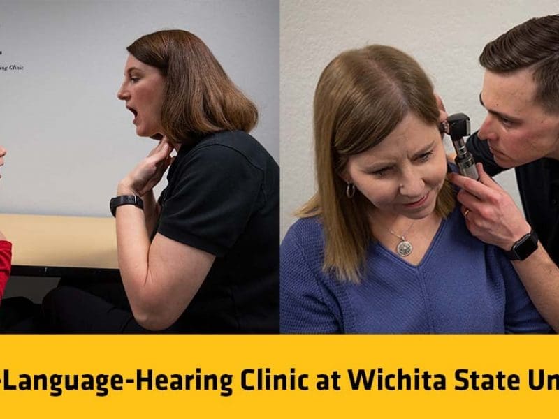 Speech-Language Pathologist works with a child and an Audiologist performs a hearing exam on a client.