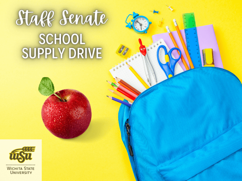 Text: Staff Senate School Supply Drive accompanied by images of school supplies