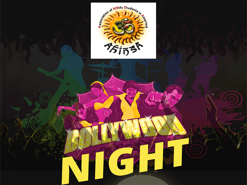 Illustrated image featuring dancers, AHINSA logo and text Bollywood Night.