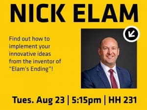 Illustration featuring headshot of Nick Elam, Text Nick Elam, Nick Elam, educator and inventor of the Elam Ending for basketball, will speak at Wichita State at 5:15 p.m. tonight, Aug. 23 at 231 Hubbard Hall. The event is free and open to the public., Tuesday, Aug. 23 5:15 p.m. HH 231.