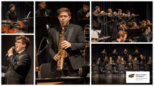 Layout image of students performing for WSU's Jazz Ensemble.