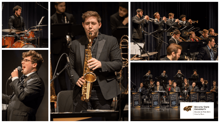 Layout image of students performing for WSU's Jazz Ensemble.