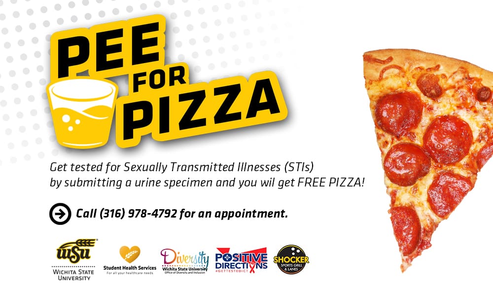 Illustration featuring urine receptacle and slice of pizza and text Pee for Pizza is an annual event to help students/staff on-campus get tested for Gonorrhea and Chlamydia.