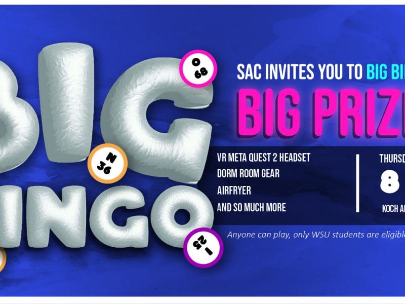 Join SAC on Thursday, September 1st at 8 pm in the Koch Arena practice gym for BIG BINGO! This event includes a line up of amazing prizes like a Meta Quest 2 VR Headset, an air fryer, polaroid camera, dorm room gear, and more! Anyone can play, only students are eligible to win.