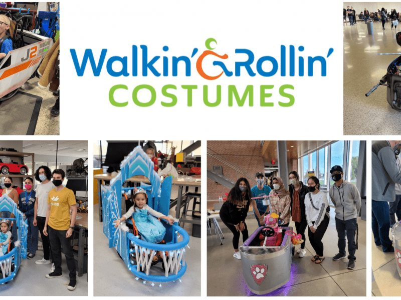 Layout image featuring Photos from previous costumes build by Walkin' & Rollin' and text Walkin' & Rollin' costumes on top.