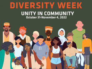 Animated Image of students and text Diversity Week Unity in Community, October 31-Nov. 4, 2022