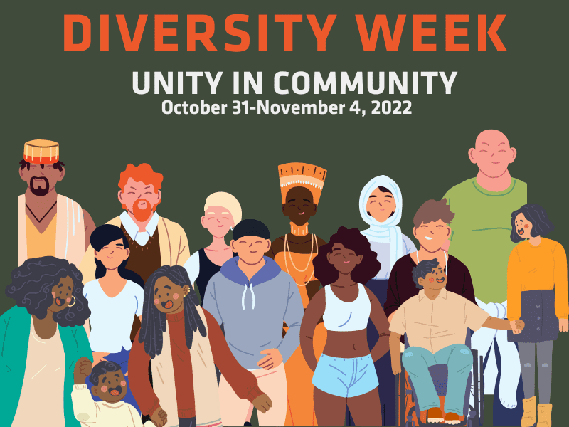 Animated Image of students and text Diversity Week Unity in Community, October 31-Nov. 4, 2022