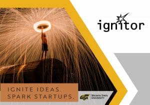 ignitor logo on image with person standing on top of barn holding sparking flare. Ignite Ideas. Spark Startups.