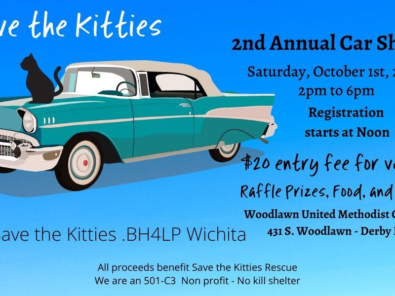 Flyer for Save the Kitties 2nd annual car show. Free to attend. $20 donation for cars. 50/50 raffle, food, and fun. Location is Woodlawn United Methodist Church in Derby KS. All proceeds will benefit save the kitties