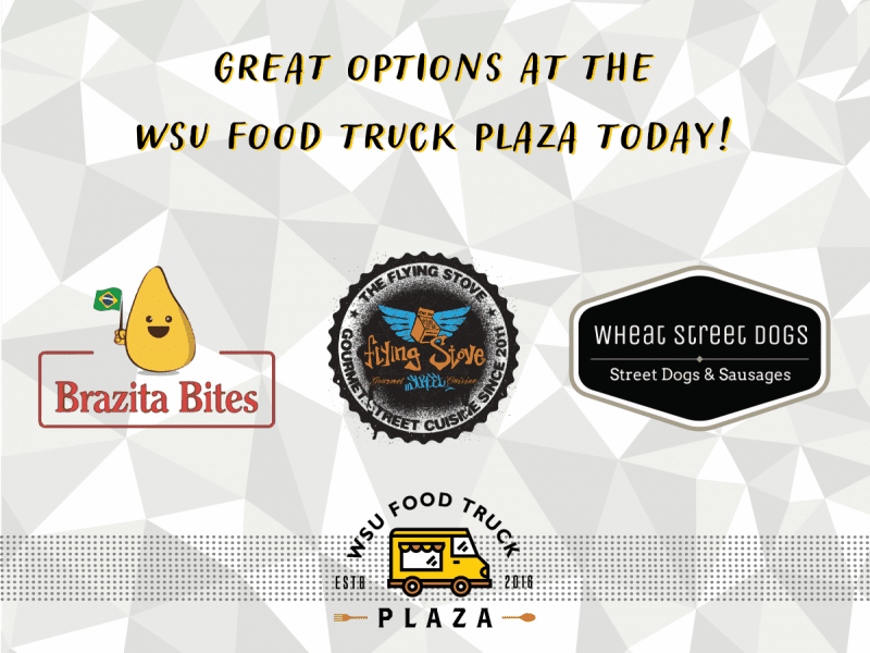Great options at the WSU food truck plaza today. Brazita Bites, The Flying Stove, Wheat Street Dogs. WSU Food Truck Plaza.