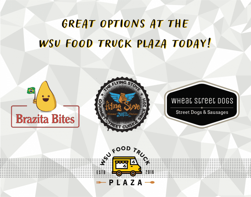 Great options at the WSU food truck plaza today. Brazita Bites, The Flying Stove, Wheat Street Dogs. WSU Food Truck Plaza.