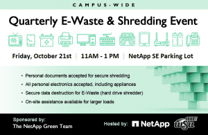Campus-Wide Quarterly E-Waste & Shredding Event Friday, July 29th | 11AM - 1PM | NetApp SE Parking Lot • Personal documents accepted for secure shredding • All personal electronics accepted, including appliances • Secure data destruction for E-Waste (hard drive shredder) • On-site assistance available for larger loads Sponsored by The NetApp Green Team // Hosted by NetApp