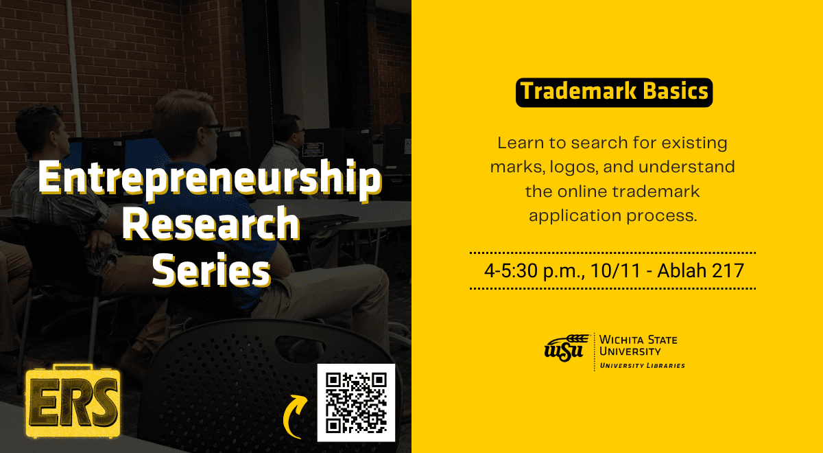 The next Entrepreneurship Research Series will take place 4-5:30 p.m. Oct. 11 at 217  Ablah Library. Come and discover the difference between a trademark, service mark and registered mark. Then, learn how to search for existing marks and logos and walk through the online trademark application process.