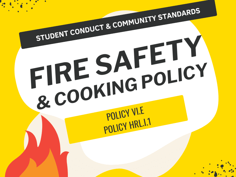 Image featuring text SCCS Fire and Safety Cooking Policy, Policy VI.E, Policy HRL.I.1 and illustration of a tiny flame below font.