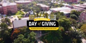 Ariel campus photo with text "Founders' Day of Giving."