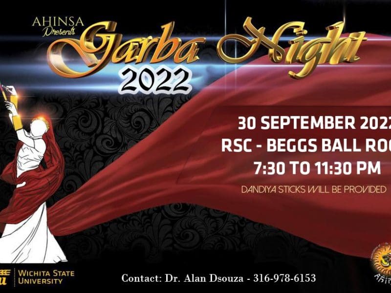 AHINSA Presents Garba Night 2022. 30 September 2022. RSC - Beggs Ball Room. 7:30 to 11:30PM. Dandiya Sticks will be provided. Contact: Dr. Alan Dsouza - 3169786153