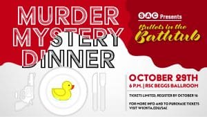 Image of gun and rubber ducky on a plate with text Rewind to the 1920's with SAC while enjoying a three course dinner and solving a murder! The Murder Mystery Dinner will take place on October 29th in the RSC 3rd Floor Beggs Ballroom at 7PM. Registration closes October 16th, and rates are $8 for students, $15 for faculty and staff, and $20 for general attendance. When you come to "Bullets in the Bathtub" don't forget your Tommy gun, flappers, and gangster hat!